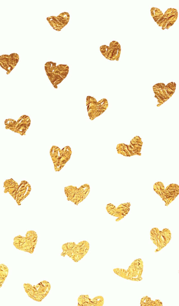 Elegant White Wallpaper with Scattered Golden Textured Hearts