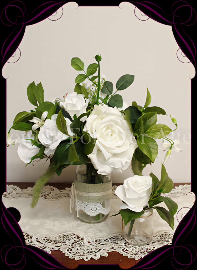 Elegant White Roses in Decorative Vase on Delicate Lace Background Wallpaper