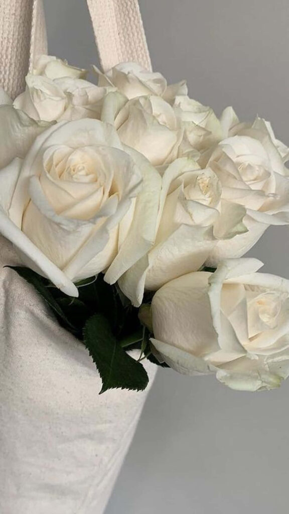 Serene White Roses in Canvas Bag - Minimalist Aesthetic Wallpaper