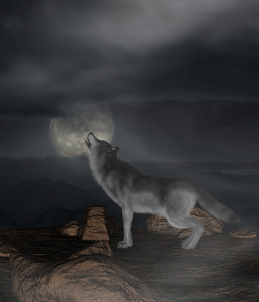 Haunting Wolf Howling Wallpaper: Eerie Mountain Moonlit Background