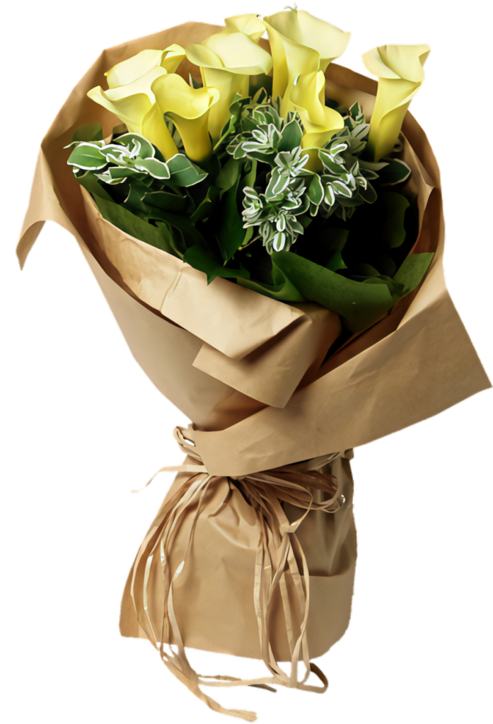 Elegant Yellow Calla Lilies Bouquet with Green Foliage in Brown Paper Wallpaper