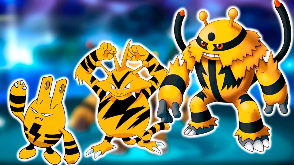 Elekid Electabuzz Electivire electric type Pokémon wallpaper vibrant yellow black design blue background