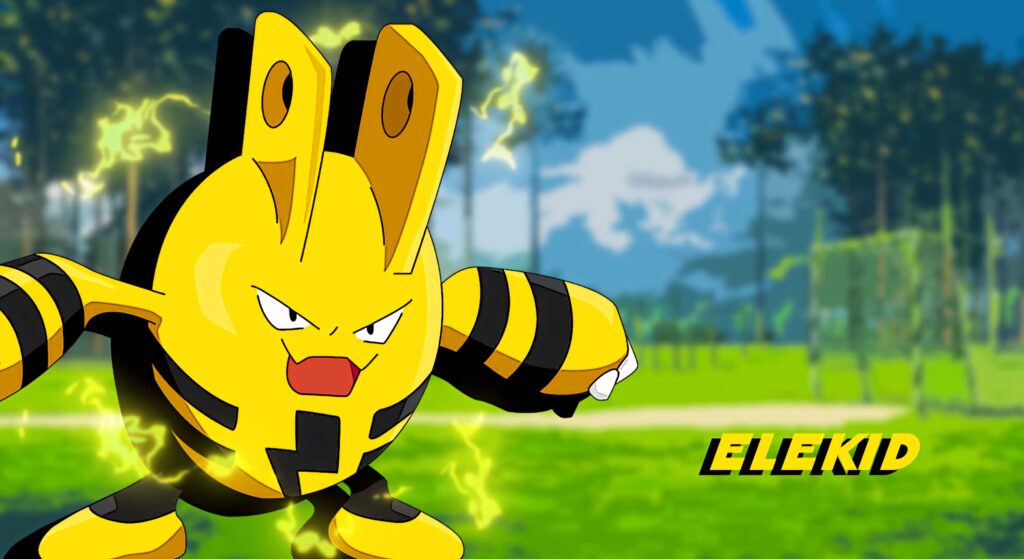 Elekid Electric-type Pokémon with yellow sparks in dynamic pose sunlit lush forest wallpaper