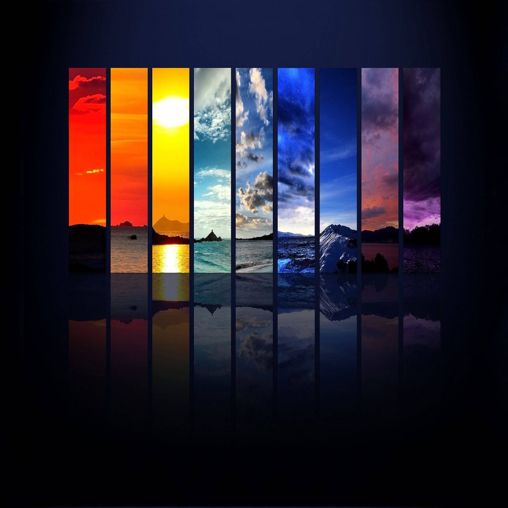 Elemental Rainbow Aesthetic Nature Wallpaper with eight vibrant color gradient panels and reflections