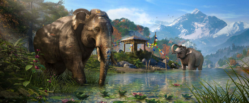 Majestic Elephants Gathered at the Watering Hole in Far Cry 4's Breathtaking Game Landscape Wallpaper