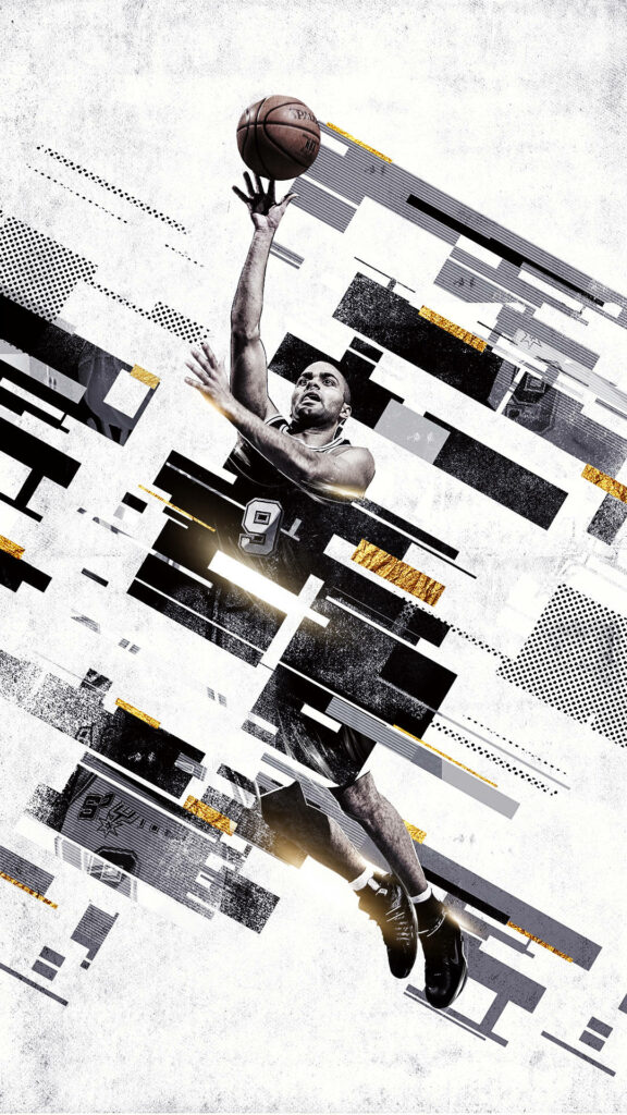 Dribbling towards Victory: Tony Parker Soars Above Abstract Stripes in Dynamic Vector Art Wallpaper
