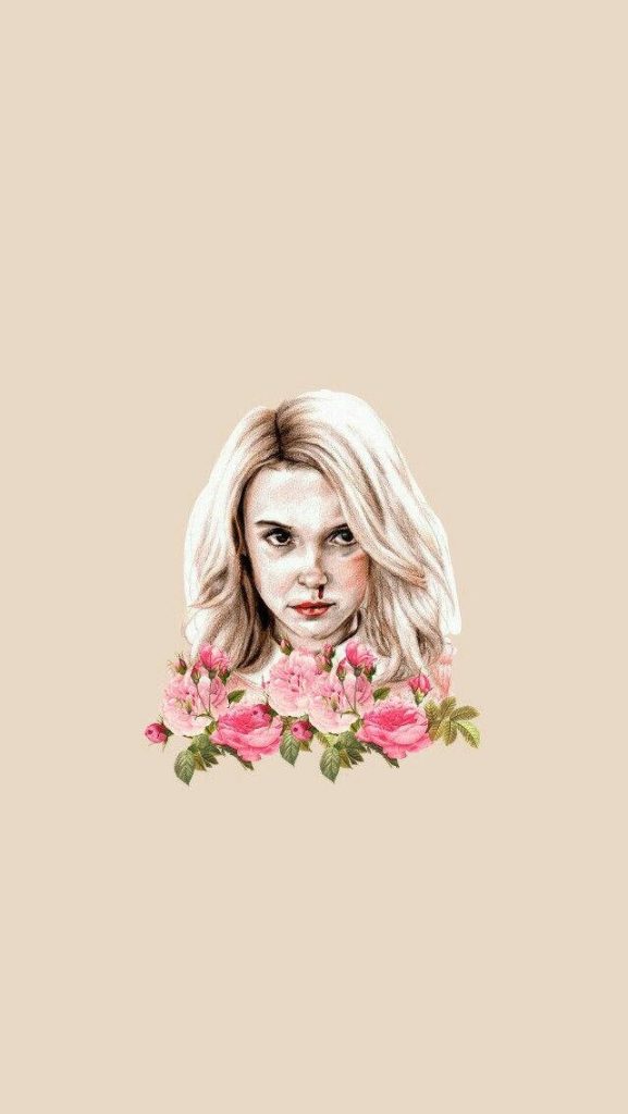Eleven Stranger Things digital art with blonde wig nosebleed pink roses minimalist beige wallpaper