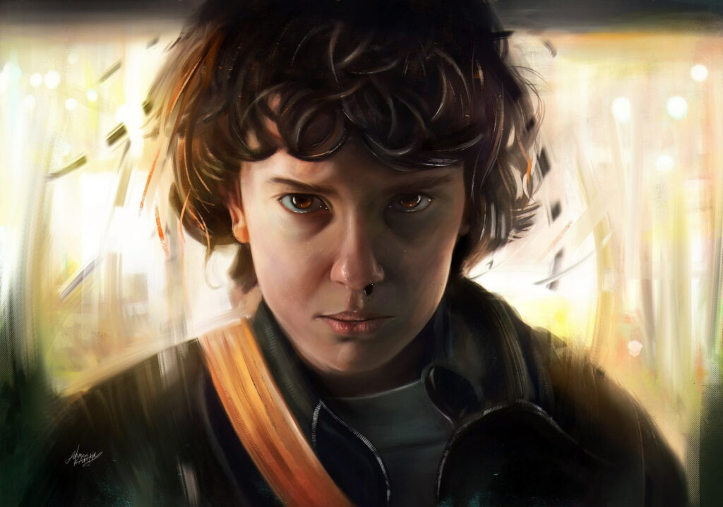Eleven from Stranger Things digital art with nosebleed intense gaze warm telekinetic power wallpaper