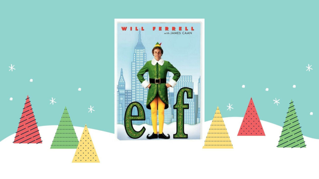 Elf 2003 Christmas movie wallpaper with Buddy the Elf snowy background colorful trees festive
