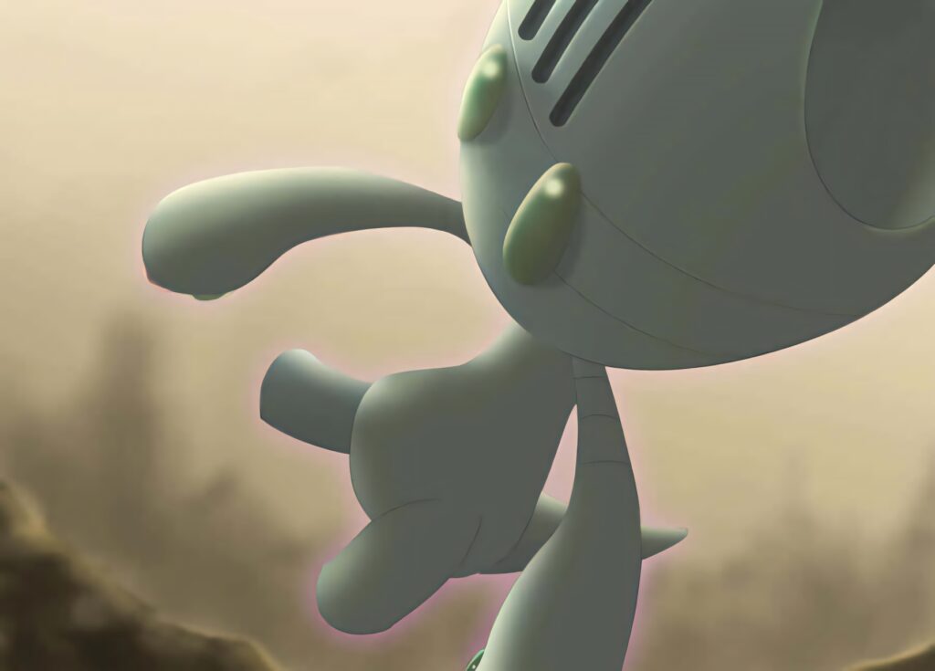 Elgyem hovering in dusty haze with soft muted tones and atmospheric alien digital wallpaper background