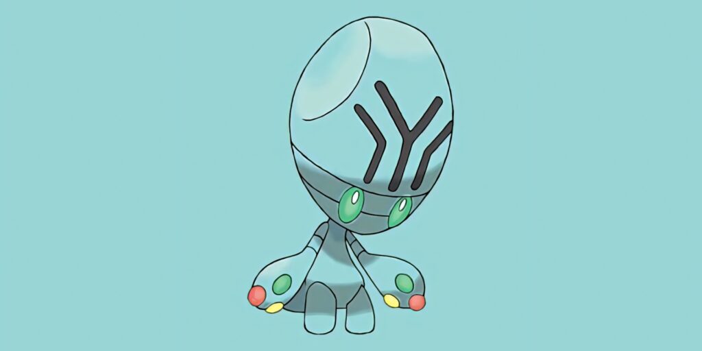 Elgyem Pokémon wallpaper with pastel blue minimalist design and green eyes on light background