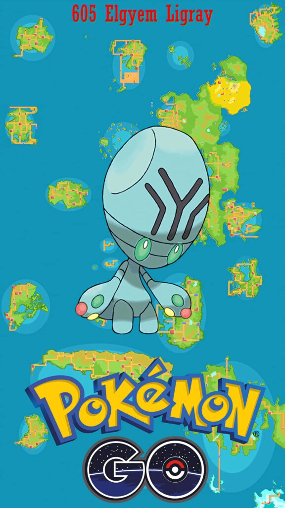 Vibrant Pokémon Go wallpaper with Psychic-type Elgyem in blue green on colorful map background