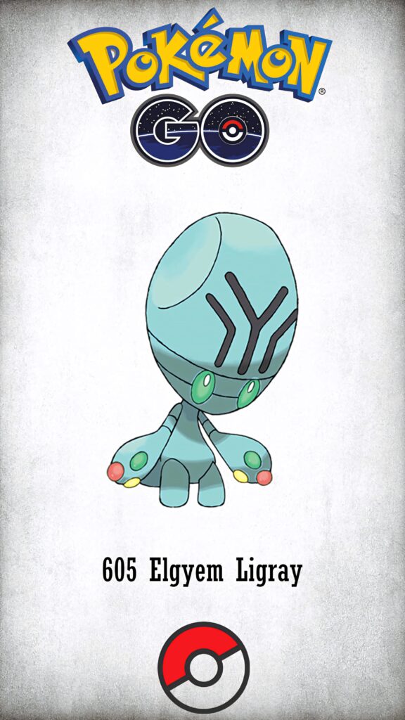 Elgyem Pokemon Go wallpaper teal grey alien design white background Pokédex psychic character