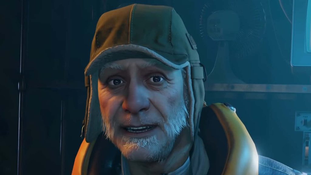 Cinematic 3D portrait of Eli Vance Half-Life Alyx detailed close-up green cap yellow jacket Wallpaper