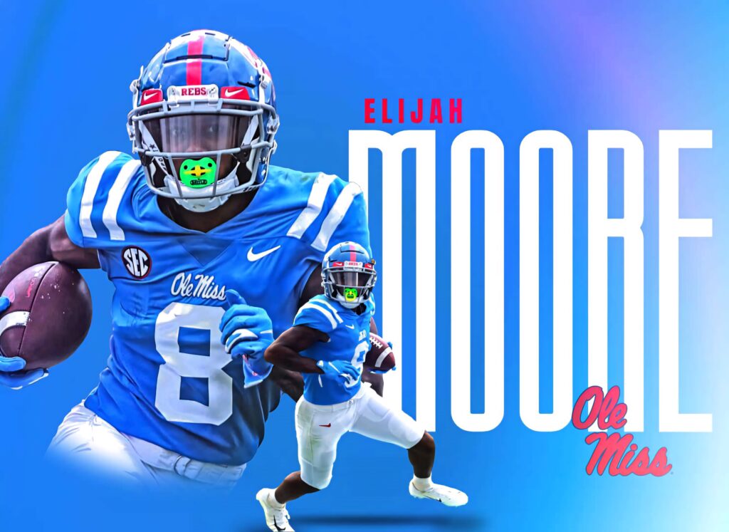 Elijah Moore Ole Miss football wallpaper bold blue red intense athletic illustration background