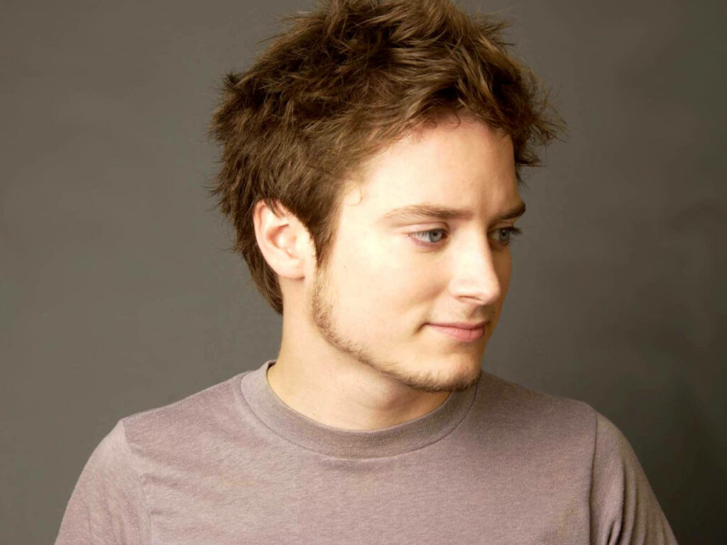 Elijah Wood minimalist portrait wallpaper soft neutral background thoughtful expression casual attire