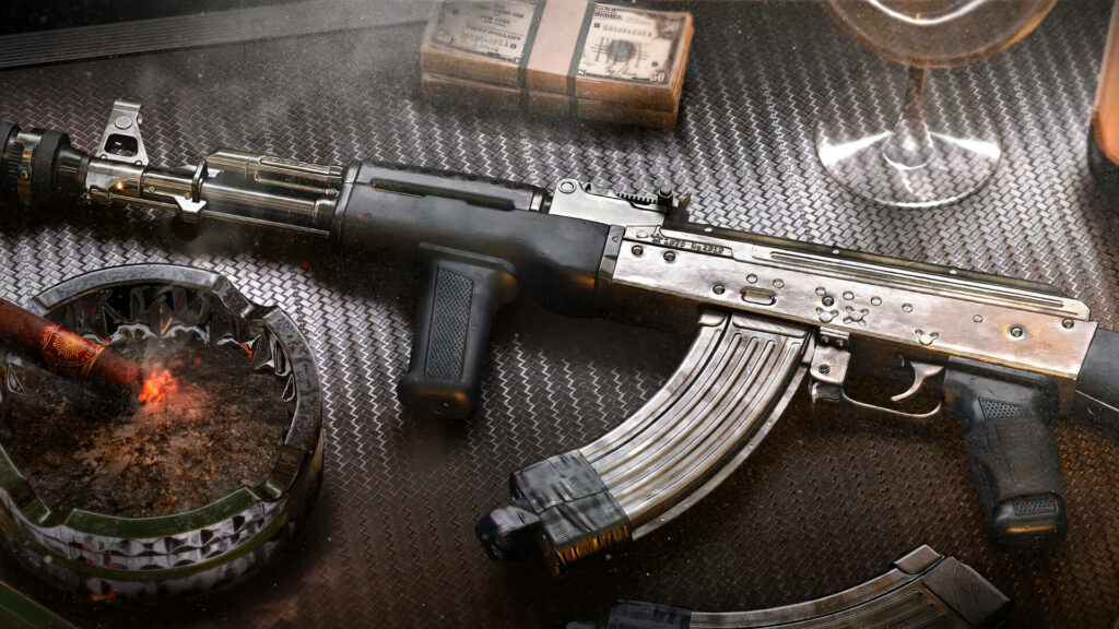 Silver rifle close-up with Call of Duty vibe on gritty militaristic backdrop Wallpaper