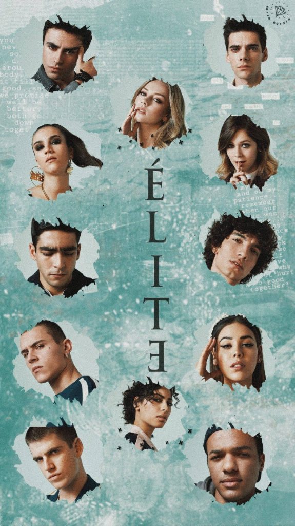 Digital collage wallpaper with eleven Elite cast portraits around black Elite title on blue background