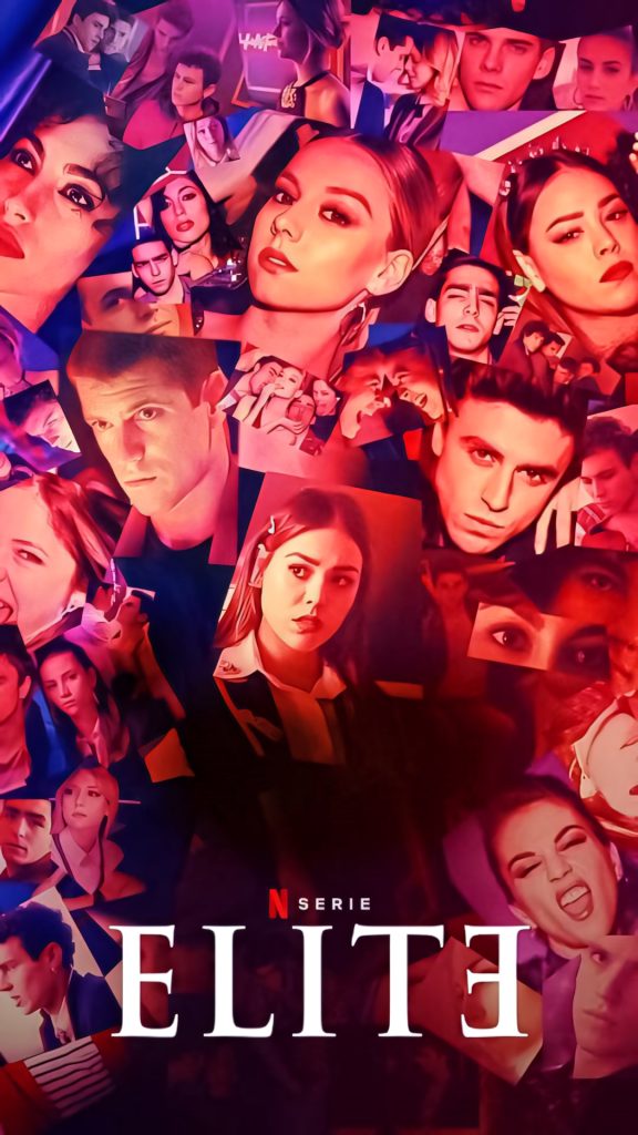 Netflix Elite cast collage wallpaper with Carla Lu Guzmán intense red blue lighting portraits