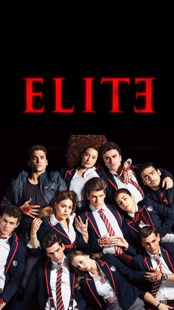 Elite Netflix cast promo wallpaper navy red uniforms dark thriller bloody hands logo
