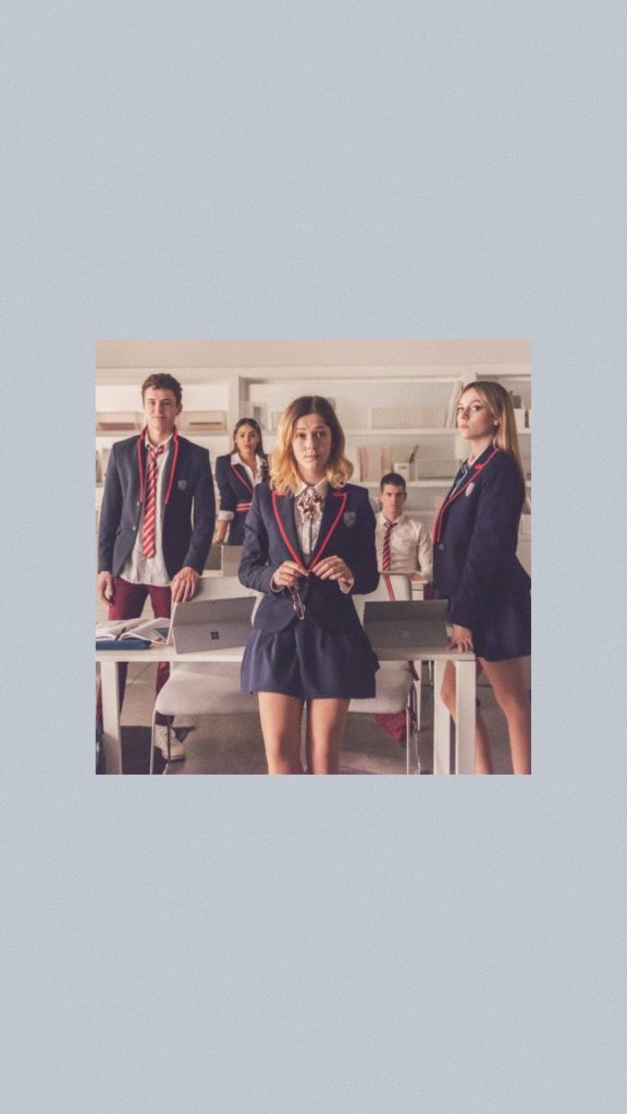 Elite Netflix wallpaper with cast in navy red Las Encinas blazers bright classroom background