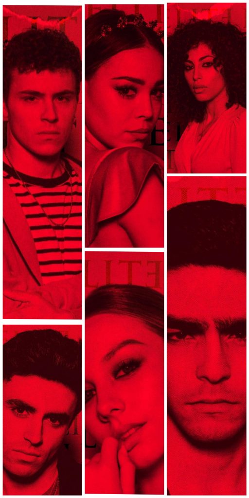 Netflix Elite wallpaper red collage with Ester Expósito Danna Paola Aron Piper portraits grid lines