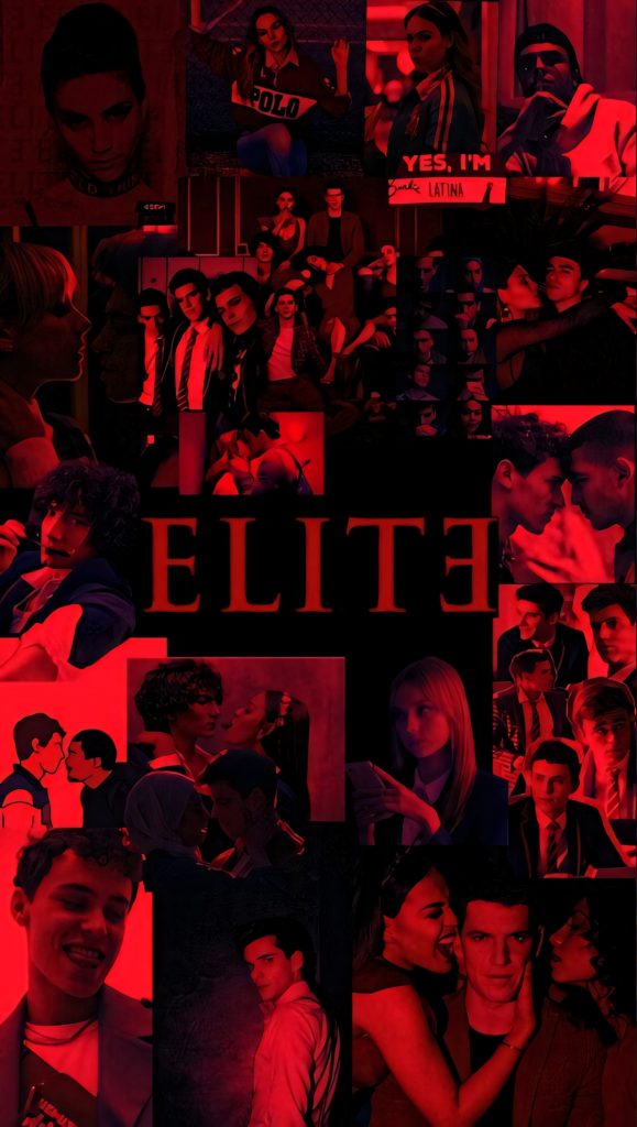 Elite series black and red collage wallpaper with fan-favorite characters and neon logo background