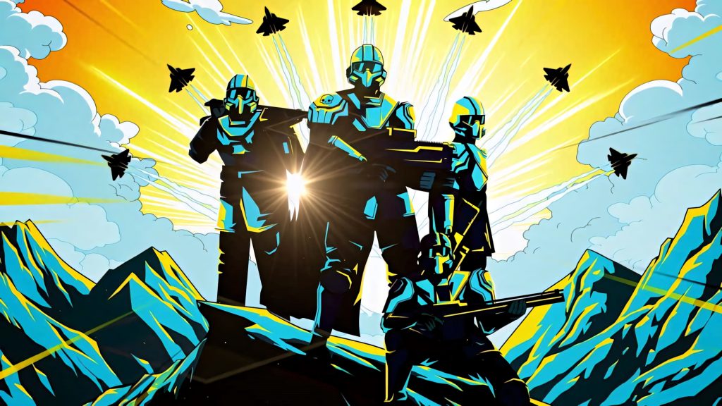 Elite Star Wars Clone Troopers in blue armor on mountain with jets and yellow sunburst background Wallpaper