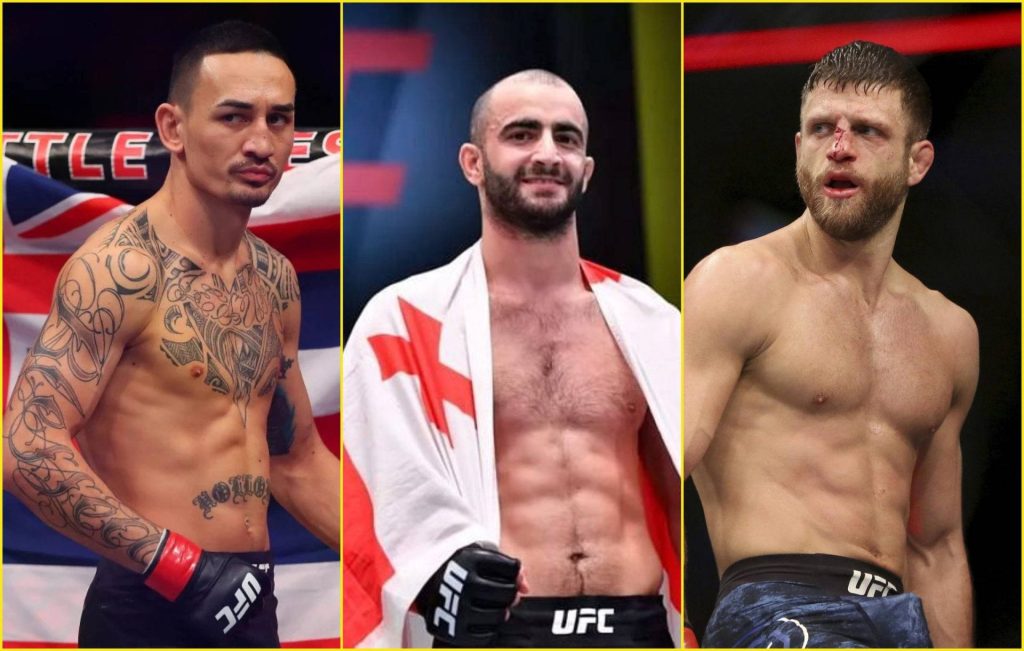 UFC wallpaper triptych showcasing Max Holloway Giga Chikadze Calvin Kattar MMA fighters intense action
