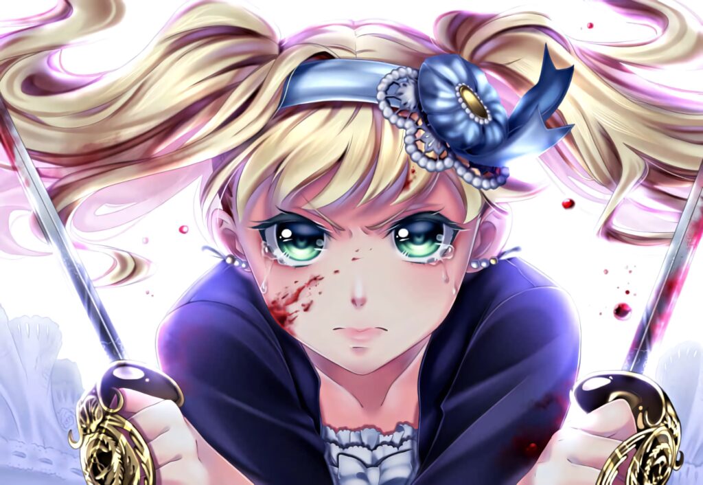 Elizabeth Midford intense close-up with twin swords vibrant Black Butler anime wallpaper