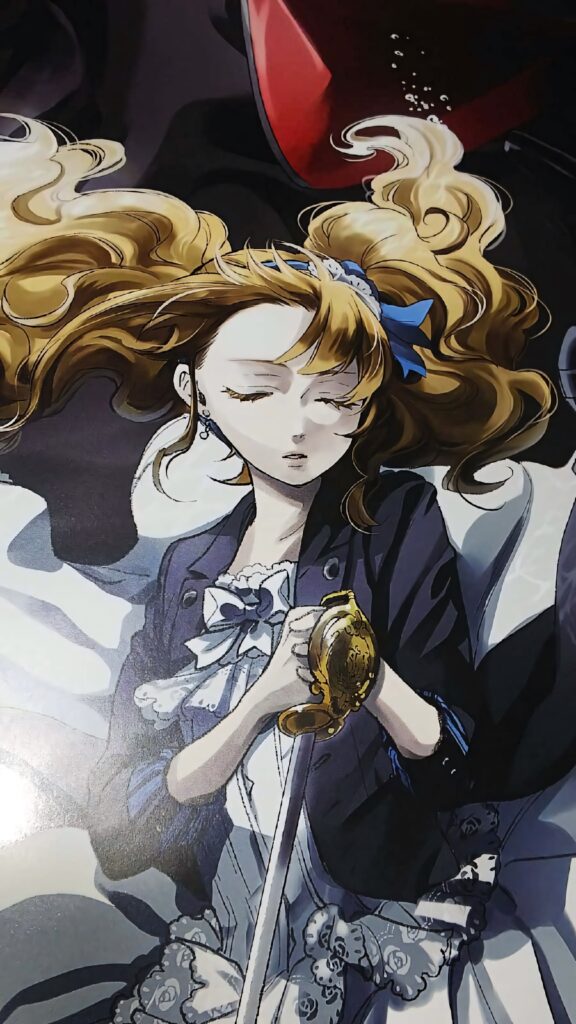Elizabeth Midford from Black Butler in Victorian dress holding sword with flowing golden hair Wallpaper