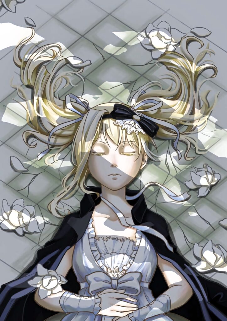 Elizabeth Midford from Black Butler asleep among white roses with soft sunlight and pastel hues Wallpaper