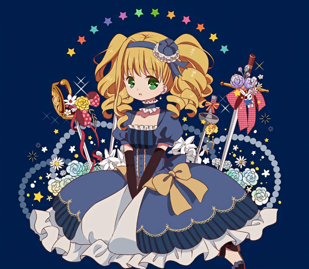Chibi Elizabeth Midford in frilled blue white dress with bows lace colorful stars flowers swords wallpaper