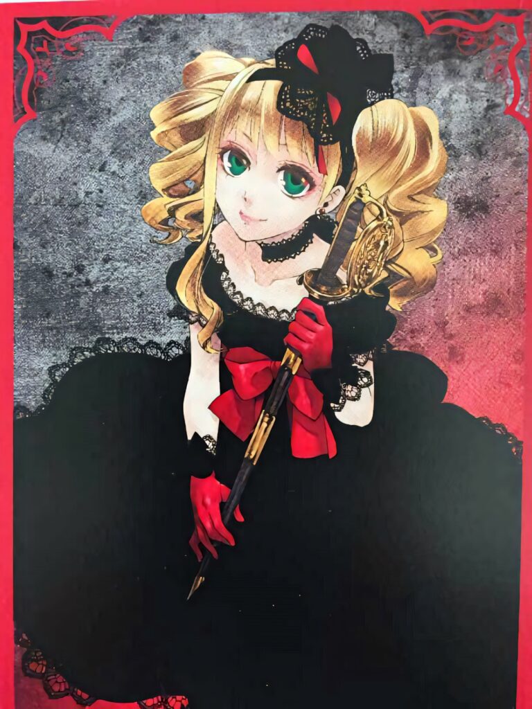 Elizabeth Midford in gothic black lace dress with red bow holding decorative sword Victorian style Wallpaper