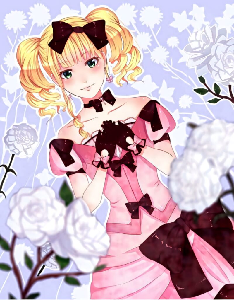 Elizabeth Midford from Black Butler in pink dress with black bows white roses lilac background wallpaper