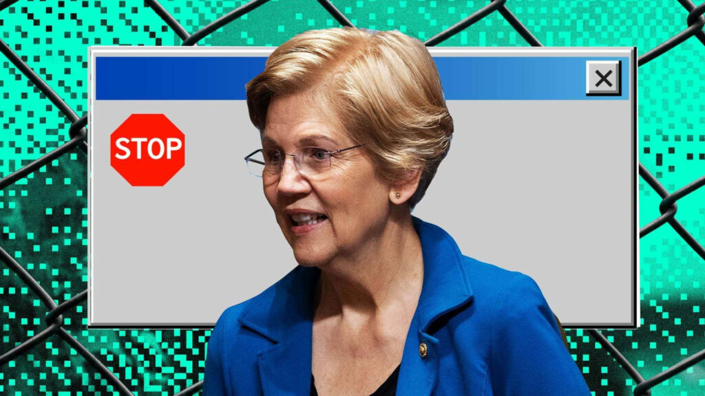 Elizabeth Warren digital wallpaper with pixelated teal pattern chain-link fence and retro computer window