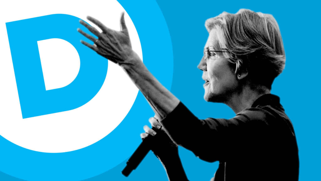 Elizabeth Warren speaking with microphone Democratic Party emblem vibrant blue background wallpaper