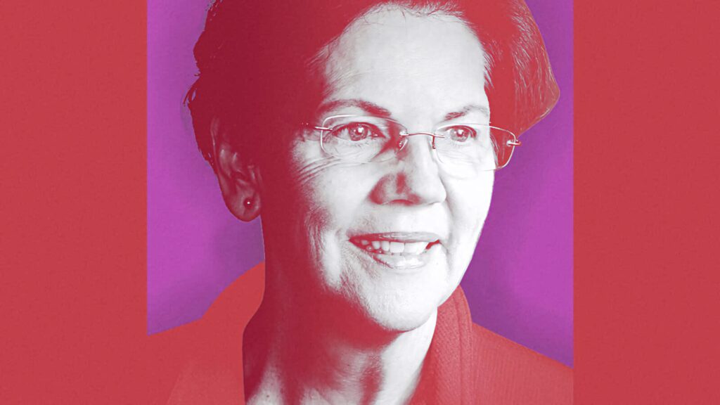 Elizabeth Warren stylized portrait wallpaper vivid red purple confident expression glasses