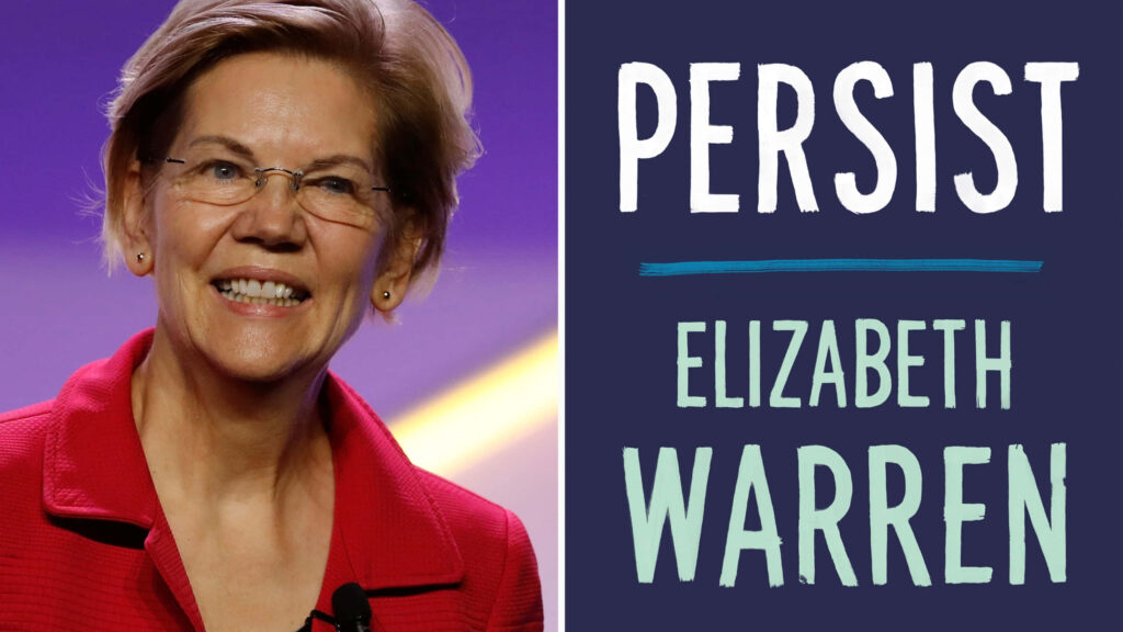 Elizabeth Warren smiling confidently with Persist message on vibrant purple empowerment wallpaper