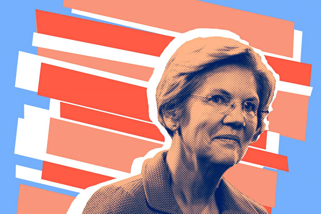 Vibrant Elizabeth Warren pop-art wallpaper with warm tones and bold geometric shapes background