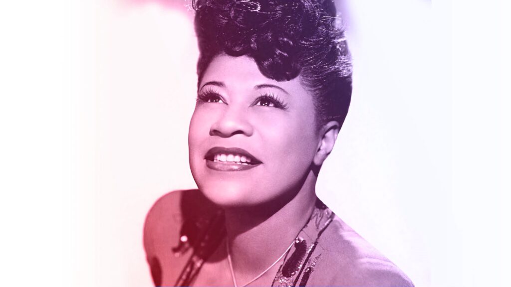 Vibrant Ella Fitzgerald portrait wallpaper with colorful pink and purple tint tribute to jazz legend