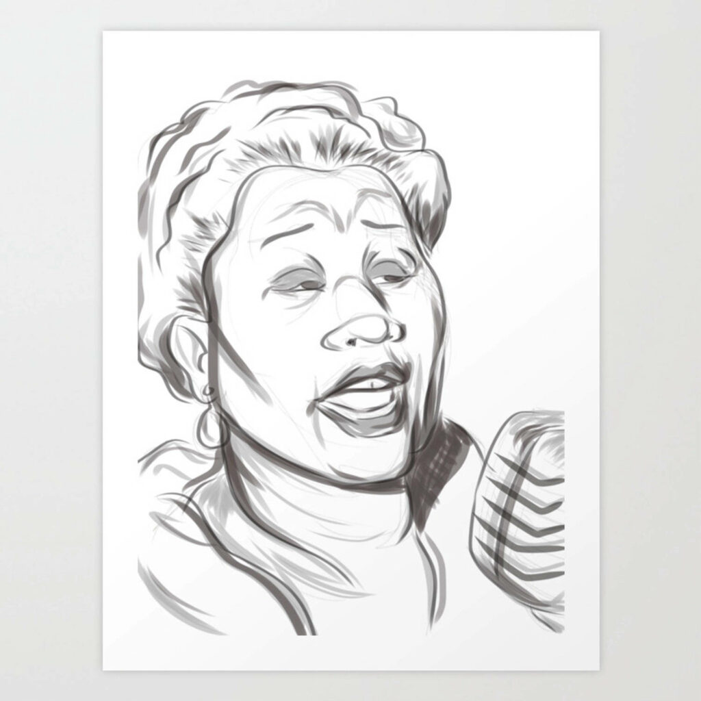 Ella Fitzgerald line art singing vintage microphone minimalist black strokes wallpaper background