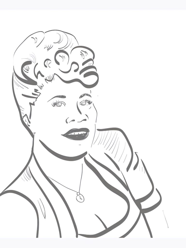 Minimalist gray line art portrait of Ella Fitzgerald with iconic hairstyle on white background Wallpaper