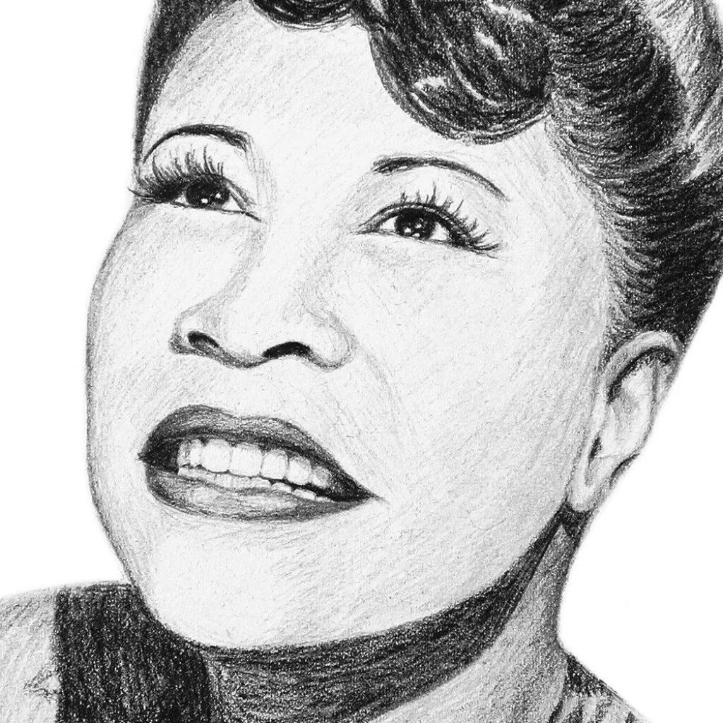 Pencil sketch wallpaper of Ella Fitzgerald smiling capturing classic elegance and jazz legend charm