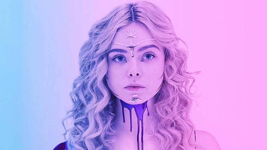 Elle Fanning vibrant wallpaper with pastel pink blue gradients creative face paint and blonde curls