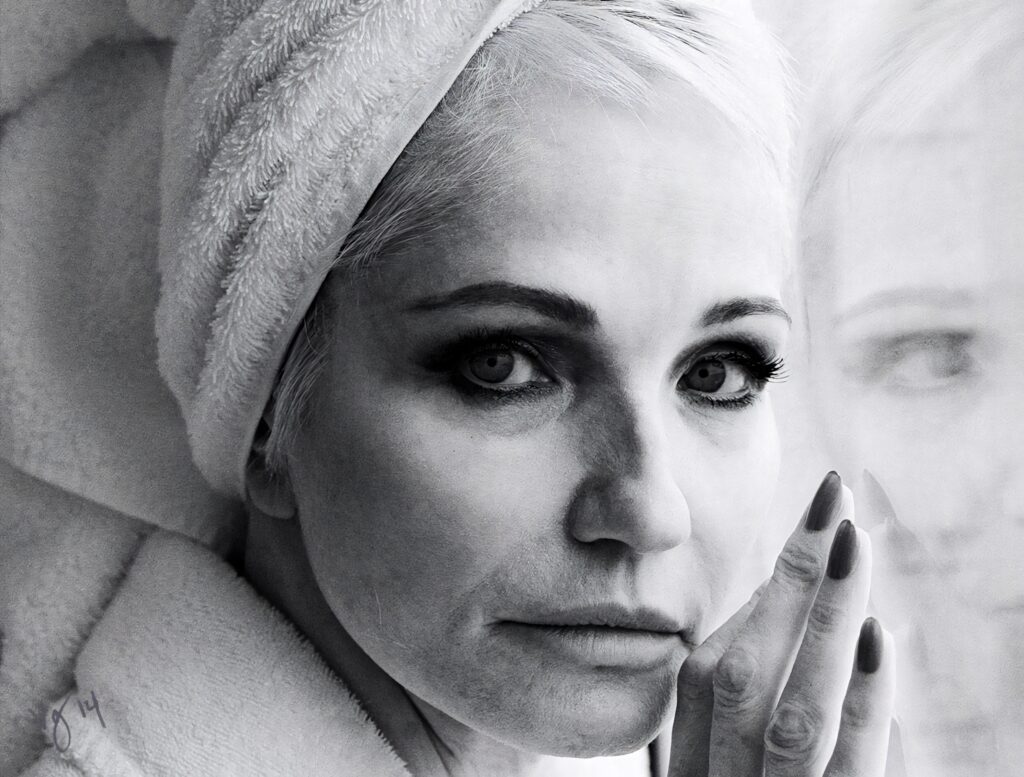 Ellen Barkin black and white portrait showing expressive gaze with window reflection and soft textures Wallpaper