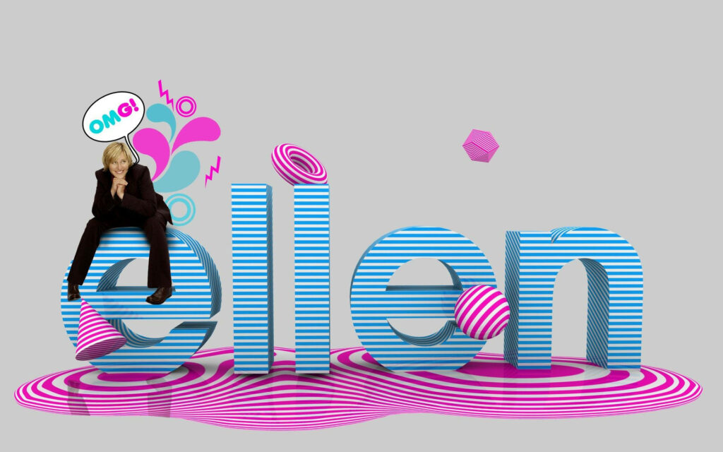 Ellen DeGeneres sitting on colorful 3D striped letters spelling her name playful wallpaper