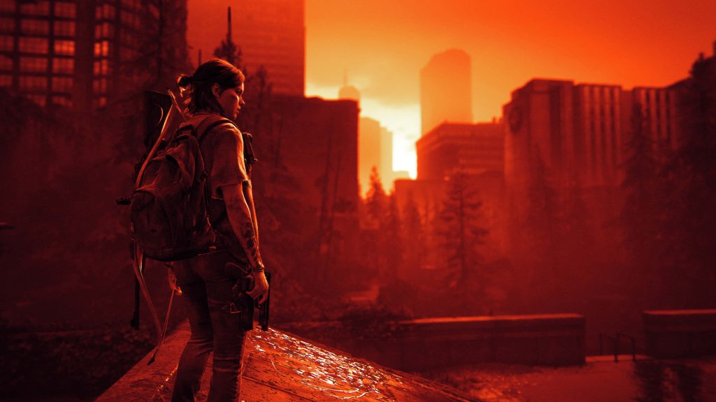 Ellie from The Last of Us Part II overlooks ruined city at fiery sunset in detailed CGI wallpaper