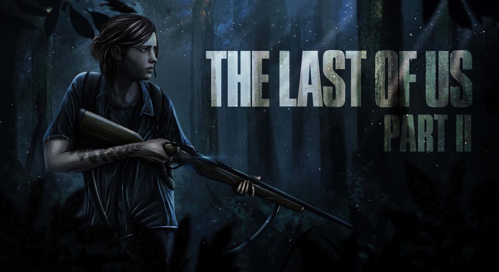 Ellie from The Last of Us Part II in dark forest with rifle and fern tattoo digital art wallpaper