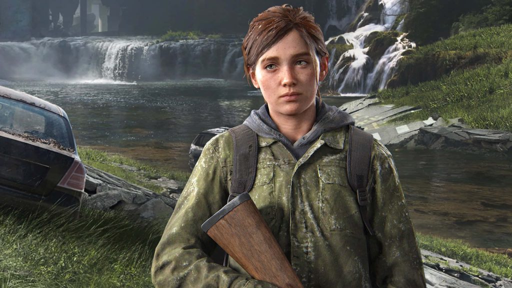 Ellie from The Last of Us Part II by waterfall with abandoned vehicles post-apocalyptic wallpaper